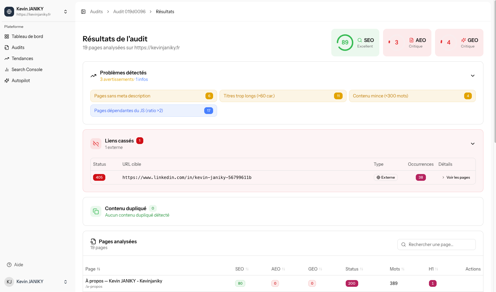 Interface 3EO - Résultats d'audit SEO, AEO et GEO